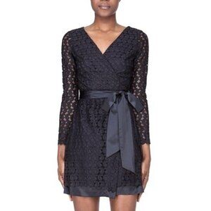 Diane von Furstenberg Sz 8 Black Lace Satin Tie Elegant Formal Wrap Dress RARE
